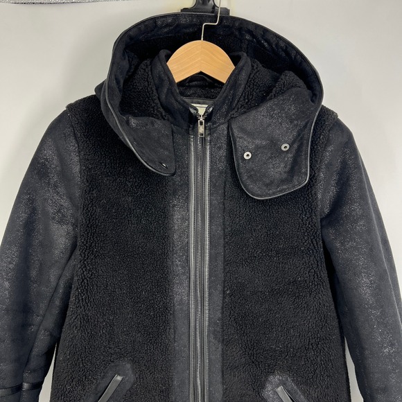 Abercrombie Fitch Black Faux Leather Sherpa Lined Hooded Coat‎ Women's Size M - Picture 10 of 15